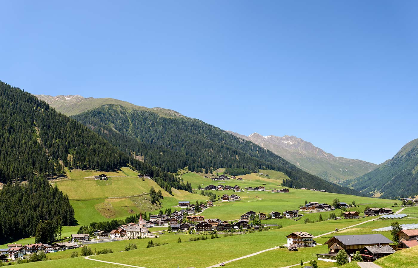 Panoramic view of Val Casies in South Tyrol, Italy, in a summer day