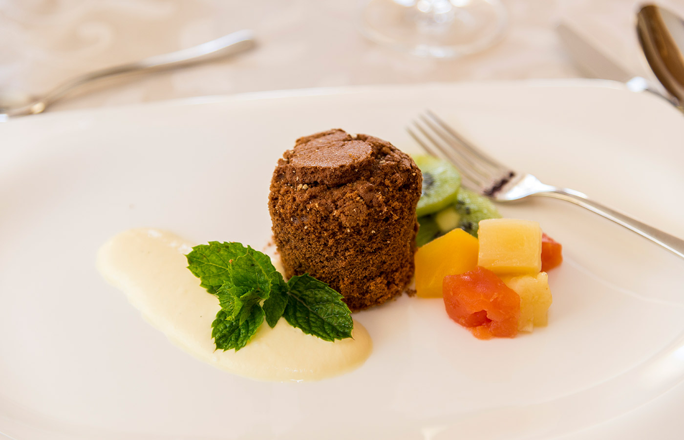 primo piano di un piatto gourmet con tortino di cioccolato, pezzetti di frutta mista e salsa alla vaniglia