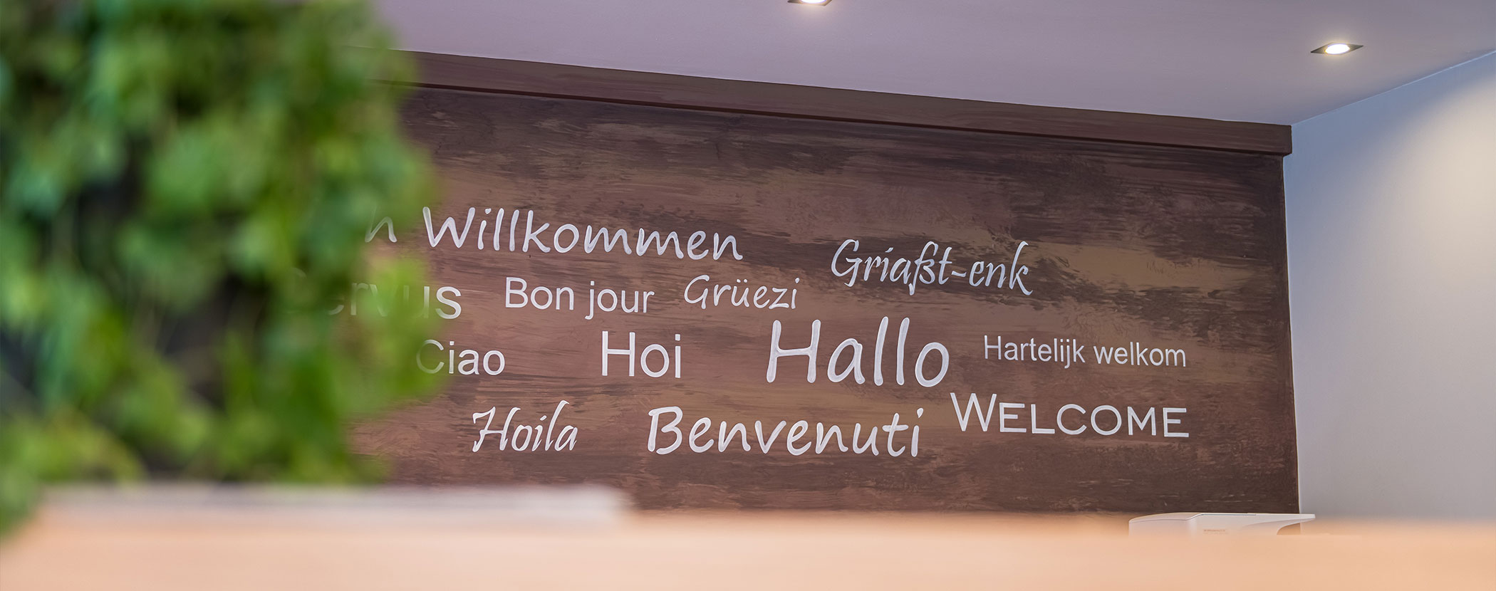 Eine Wand, auf der das Wort Welcome in mehreren Sprachen in weißer Schrift auf braunem Hintergrund geschrieben ist. - Hotel Waldheim