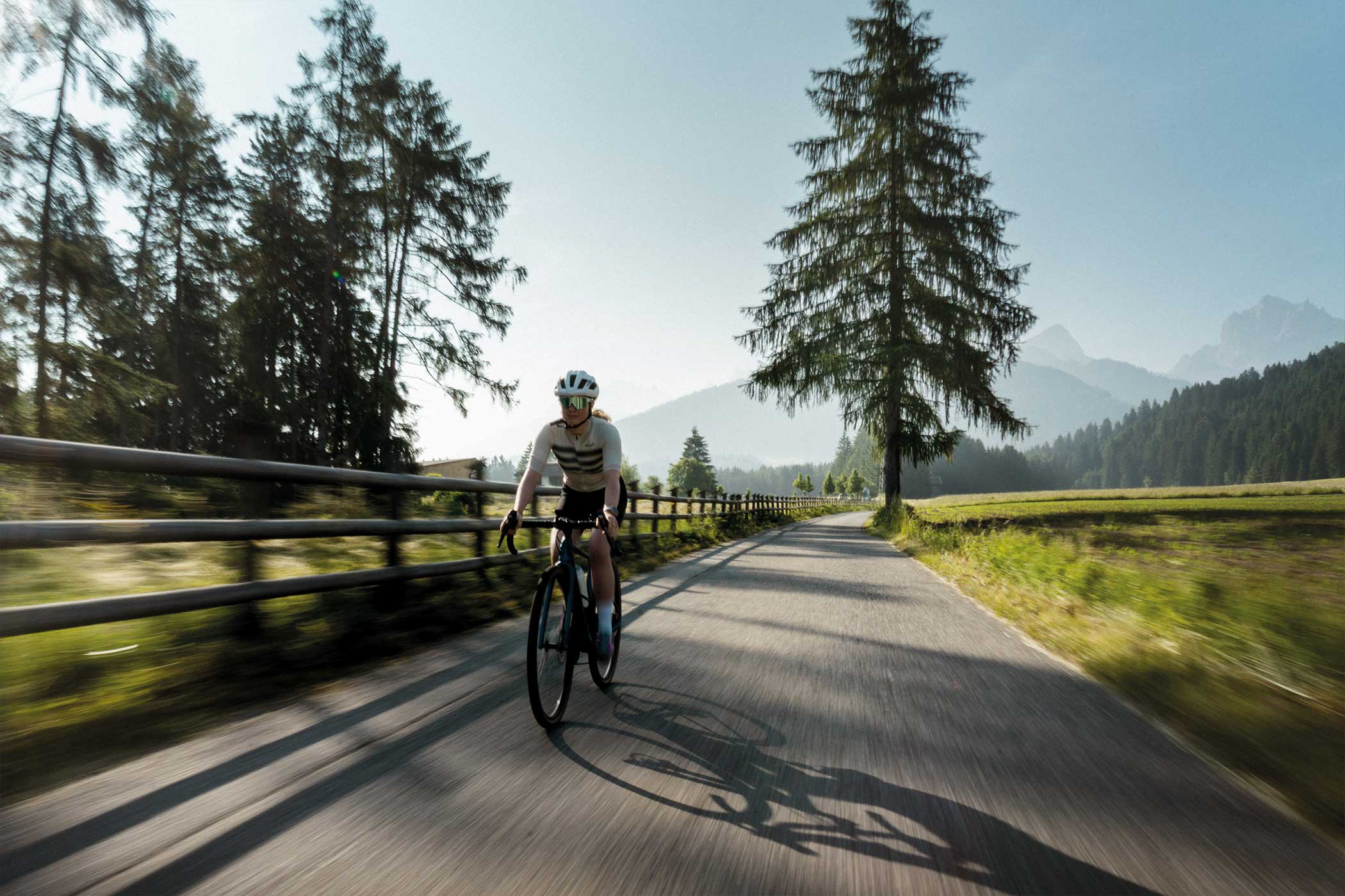 Radfahrer auf einer sonnigen, von Bäumen gesäumten Straße mit Bergen im Hintergrund. - Hotel Waldheim