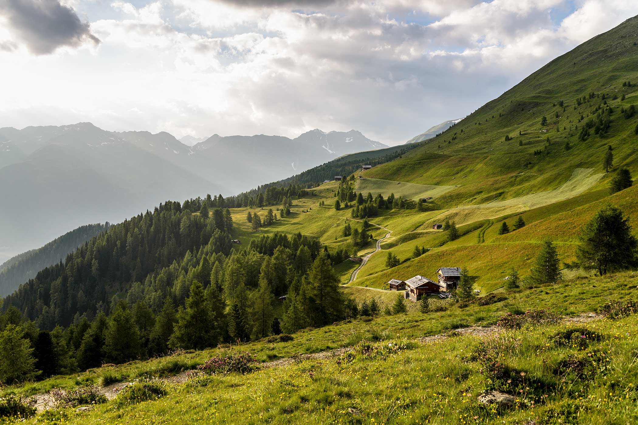 Ein malerischer Anblick von grünen Hügeln, verstreuten Bäumen und kleinen Häusern unter einem teilweise bewölkten Himmel in den Bergen. - Hotel Waldheim