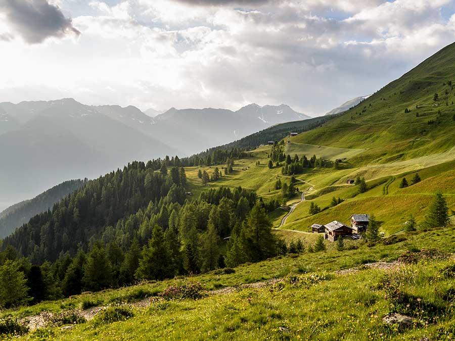 Berglandschaft mit grünen Hügeln, verstreuten Bäumen und einigen kleinen Häusern unter einem teilweise bewölkten Himmel. - Hotel Waldheim
